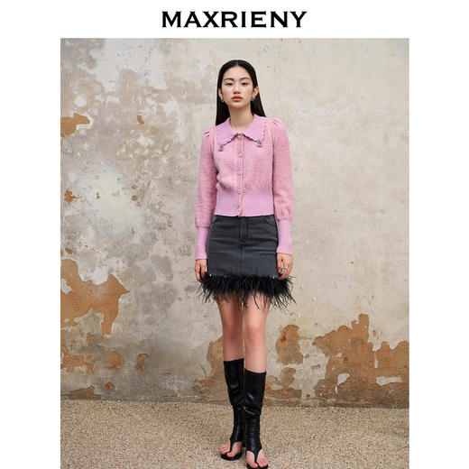 MAXRIENY精致复古风羽毛拼接毛边直筒牛仔半裙秋冬裙子(货号:MS88SK530) 商品图3