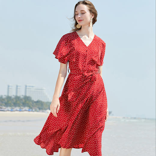 欧芮儿夏装2019新款女装波点雪纺连衣裙中长款气质红色桔梗裙子 商品图1