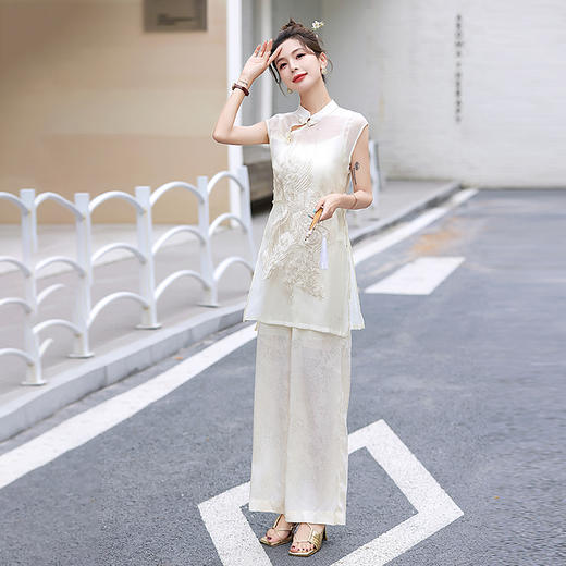复古新中式，无袖立领阔腿裤刺绣套装HR-CZJ7319 商品图3