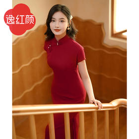 【多件多折】改良版旗袍红色中长款女夏季醋酸面料高端小个子修身连衣裙子妗鸿
