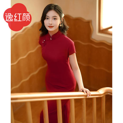 【多件多折】改良版旗袍红色中长款女夏季醋酸面料高端小个子修身连衣裙子妗鸿 商品图0