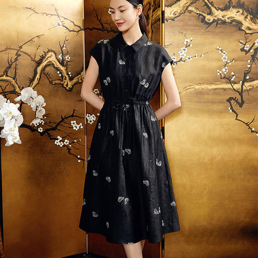 玳莎香云纱连衣裙2024夏日新品100%桑蚕丝收腰显瘦盖袖中长款裙子  EB35102 商品图0