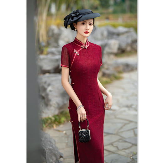 GX老上海复古国风长款弹力蕾丝短袖旗袍2024夏季新款中老年女士旗袍 商品图1