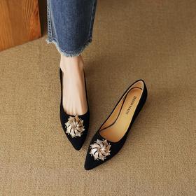 【预售5天】法式复古尖头浅口单鞋，翻皮优雅花朵高跟鞋YCJX-H-2886