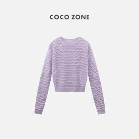COCO ZONE2024春季百搭圆领镂空针织衫纯色长袖上衣CC1A0612