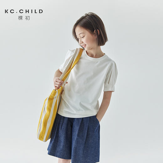 棵初夏季款女童简约纯色泡泡袖短袖T恤百搭亲子款圆领基础上衣 商品图0