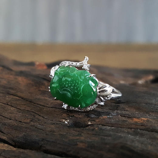 【二手正品】AU750白金镶钻镶冰种满绿牡丹花造型翡翠（富贵花开）戒指12号（戒圈可改）120324NJ17 商品图1