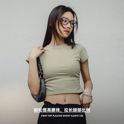 马登抽褶收腰短袖短款正肩T恤大基础款露腰显瘦打底衫通勤上衣女 商品图2