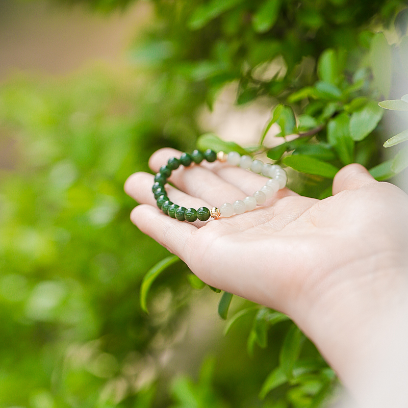 春常在和田玉手串 | 绿色白色珠珠子配饰手串佛珠珠子文玩手链男女手链中式。