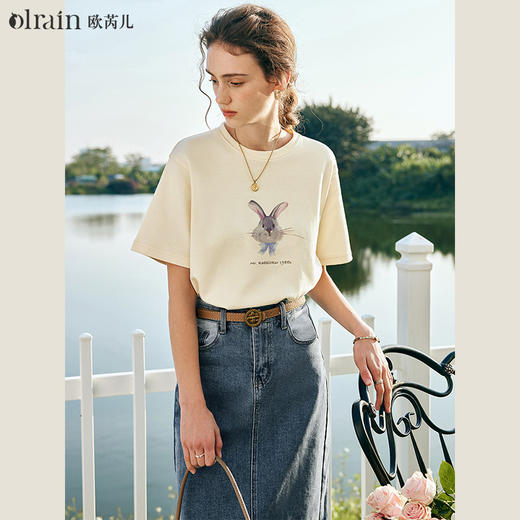 欧芮儿法式短袖T恤女夏装新款宽松卡通兔子印花上衣设计感体恤衫 商品图0