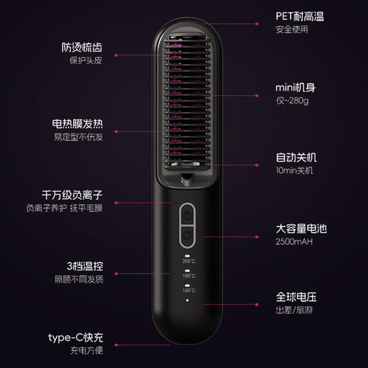金稻无线直发梳便携六千万负离子护发夹板美发两用发梳电梳子直板夹旅行充电款KD382S 商品图1