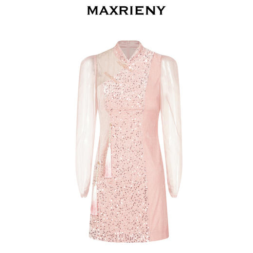 MAXRIENY复古新中式连衣裙丝绒小短裙秋修身包臀亮片(货号:MC87DR817) 商品图4