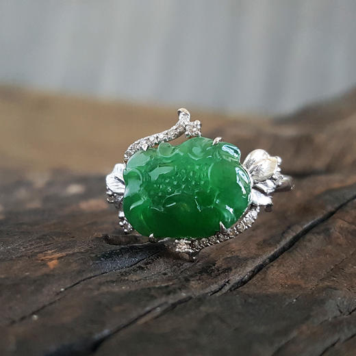 【二手正品】AU750白金镶钻镶冰种满绿牡丹花造型翡翠（富贵花开）戒指12号（戒圈可改）120324NJ17 商品图3