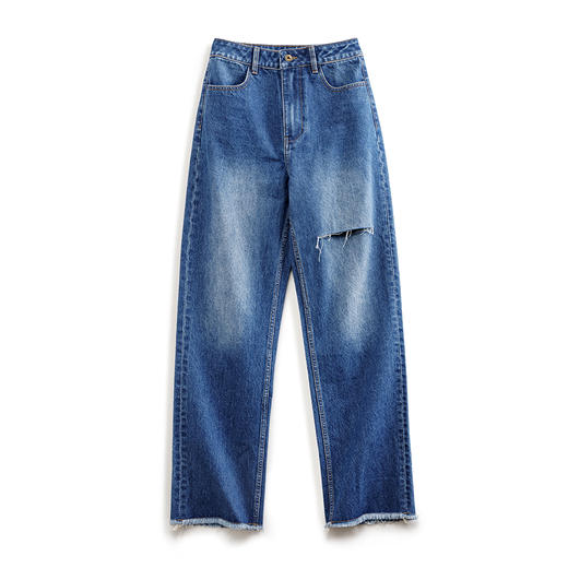 马登破洞丹宁水洗牛仔裤复古直筒裤子宽松休闲百搭垂感拖地长裤女 商品图4