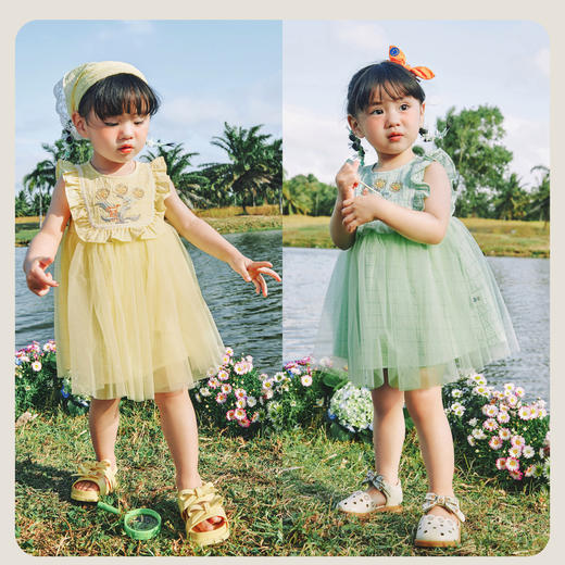 迷你巴拉女童连衣裙甜美木耳边小清新格子文艺网纱裙子 商品图2