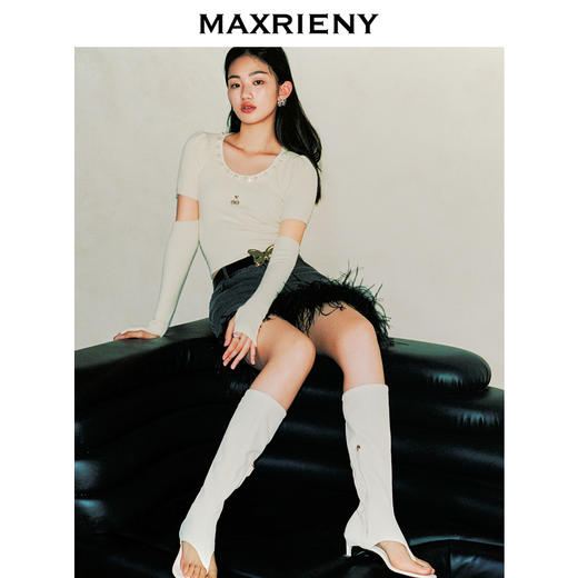 MAXRIENY精致复古风羽毛拼接毛边直筒牛仔半裙秋冬裙子(货号:MS88SK530) 商品图1