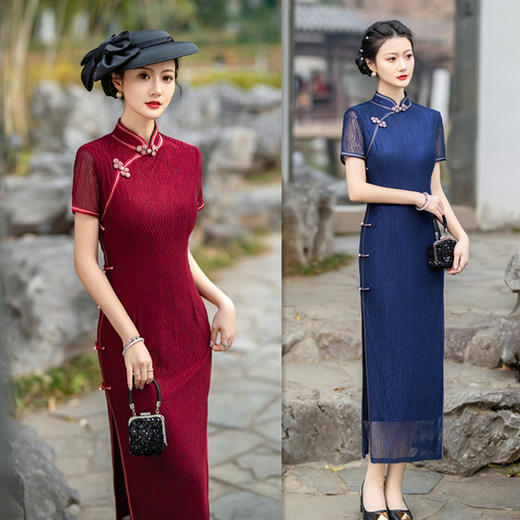 GX老上海复古国风长款弹力蕾丝短袖旗袍2024夏季新款中老年女士旗袍 商品图0