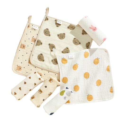 【5条装！加倍吸水柔和亲肤】婴儿口水巾4层绉布纯棉小方巾宝宝洗澡洗漱巾可挂式儿童洗脸毛巾 商品图4