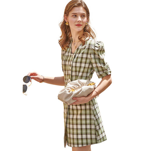 欧芮儿短袖格子连衣裙女2021新款夏季气质收腰显瘦百搭中长款A字 商品图3