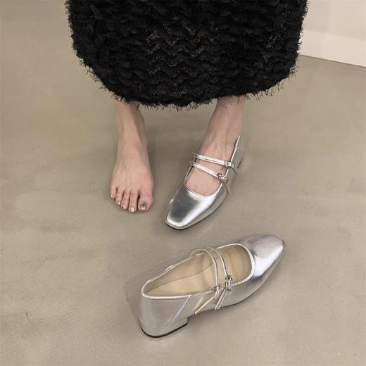 粗跟银色玛丽珍鞋浅口2024年春季新款一字带配裙子气质单鞋女鞋子_ym 商品图0