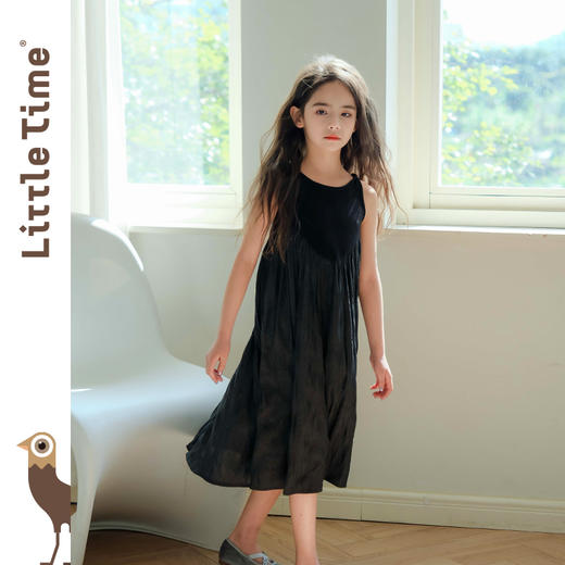 littletime女童黑色连衣裙2024春秋新款复古肌理裙春夏无袖吊带裙 商品图1