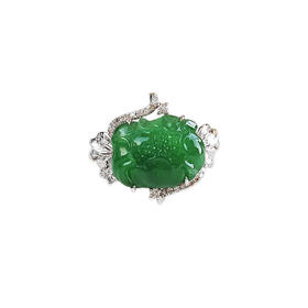 【二手正品】AU750白金镶钻镶冰种满绿牡丹花造型翡翠（富贵花开）戒指12号（戒圈可改）120324NJ17