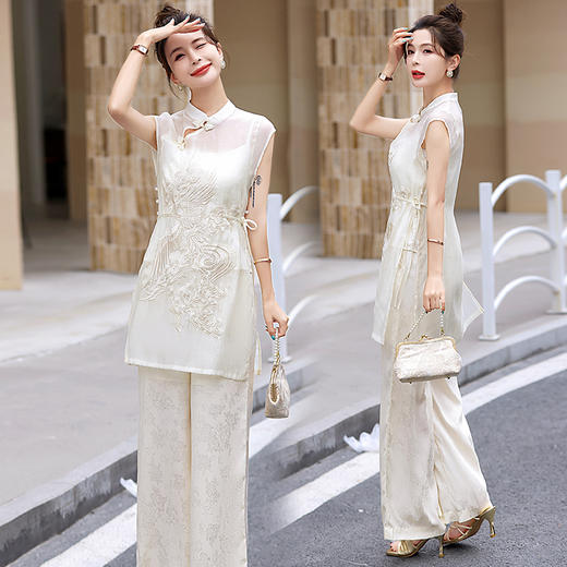 复古新中式，无袖立领阔腿裤刺绣套装HR-CZJ7319 商品图0