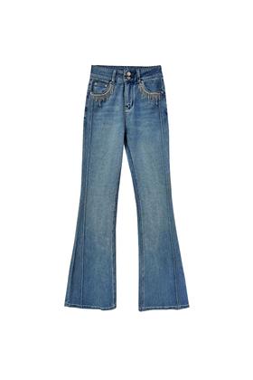 双纽扣腰头线条分割蓝喇叭裤薄款