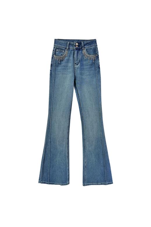 双纽扣腰头线条分割蓝喇叭裤薄款 商品图0