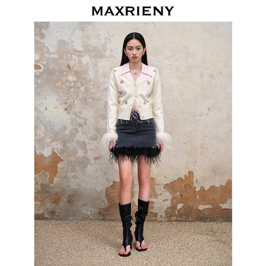 MAXRIENY精致复古风羽毛拼接毛边直筒牛仔半裙秋冬裙子(货号:MS88SK530) 商品图2