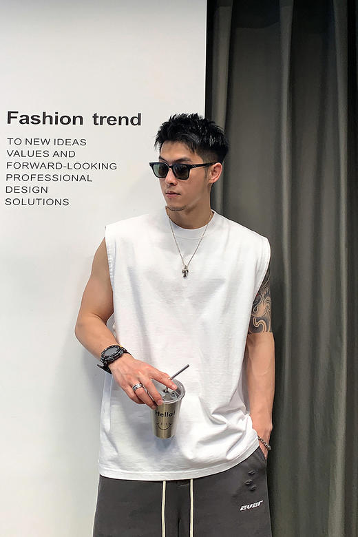 徐太浪400g重磅纯棉白色背心男夏季潮牌美式运动无袖坎肩t恤上衣 商品图5