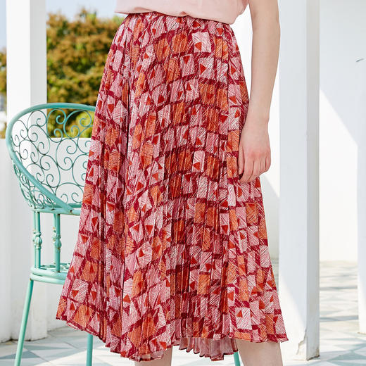 欧芮儿2019新款女装夏装几何百褶半身裙女高腰显瘦不规则女裙子 商品图3