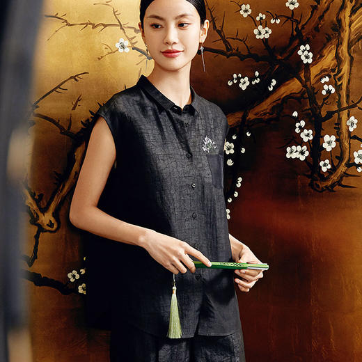 玳莎轻奢香云纱包肩袖衬衫女夏季新款绣花设计感优雅气质无袖上衣  EB31002 商品图2