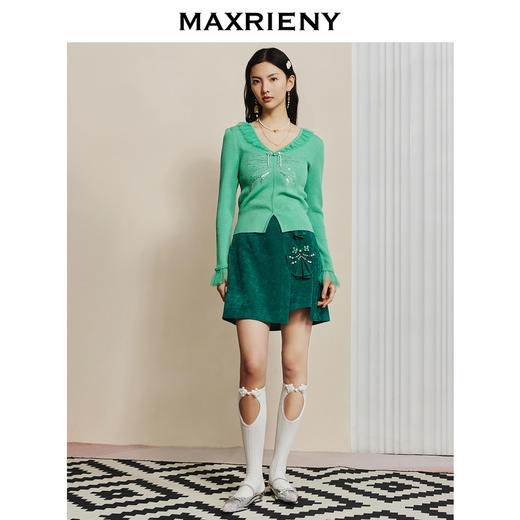 鱼戏莲叶间|MAXRIENY锦鲤刺绣荷叶边v领毛织开衫上衣(货号:MC88SW059) 商品图3