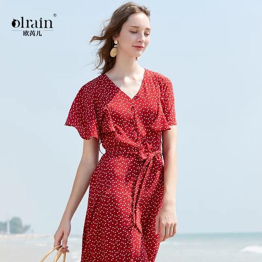 欧芮儿夏装2019新款女装波点雪纺连衣裙中长款气质红色桔梗裙子 商品图0