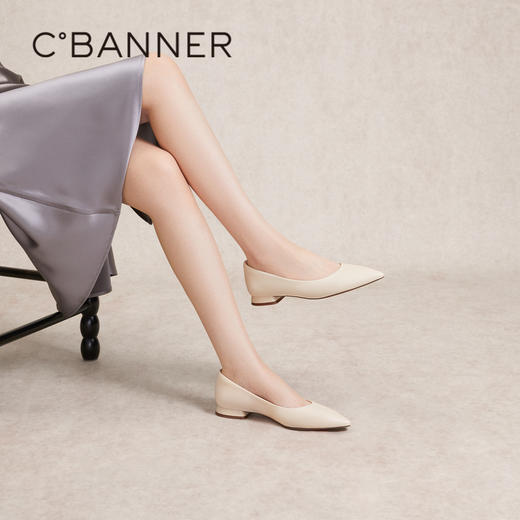 千百度通勤低跟单鞋女春季黑色小皮鞋浅口尖头羊皮鞋正装A24179313 商品图2