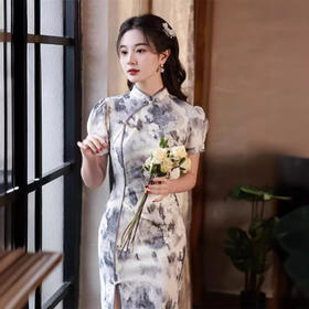 复合蕾丝水墨印花中长款旗袍新中式文艺SJT621