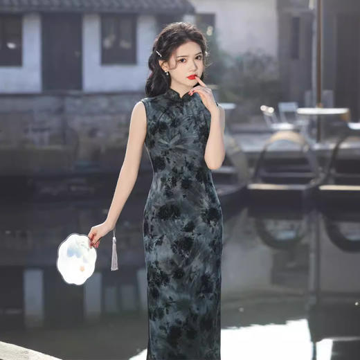 无袖双层扎染弹力中长旗袍，水墨画中国风修身旗袍SJT638 商品图2