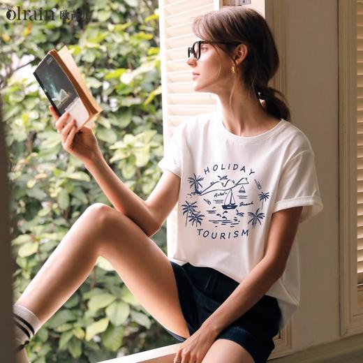 OLrain欧芮儿米白色T恤女早春2024年新款简约百搭印花圆领短袖 商品图0