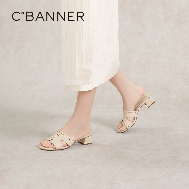 千百度羊皮一字拖女夏季中跟凉拖鞋真皮拖鞋A24355065