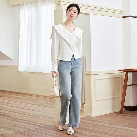 法式气质优雅通勤风白衬衫女不规则设计感翻领衬衣V0040801 商品图1