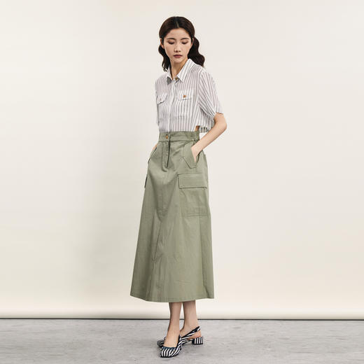 谜底长款连衣裙短袖2024年夏季新品复古条纹拼接工装裙242ML0599 商品图1