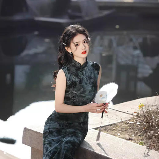 无袖双层扎染弹力中长旗袍，水墨画中国风修身旗袍SJT638 商品图3