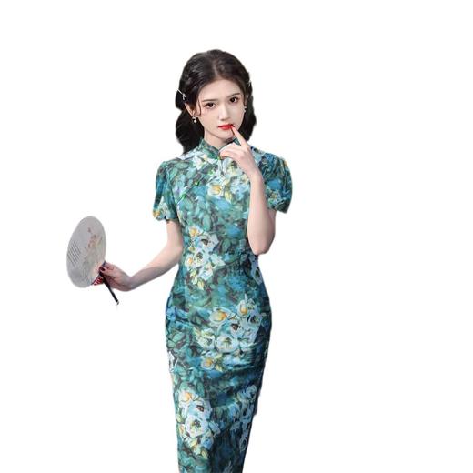 泡泡袖双层仿丝印花中长款旗袍，高端精致修身显瘦旗袍SJT648 商品图4