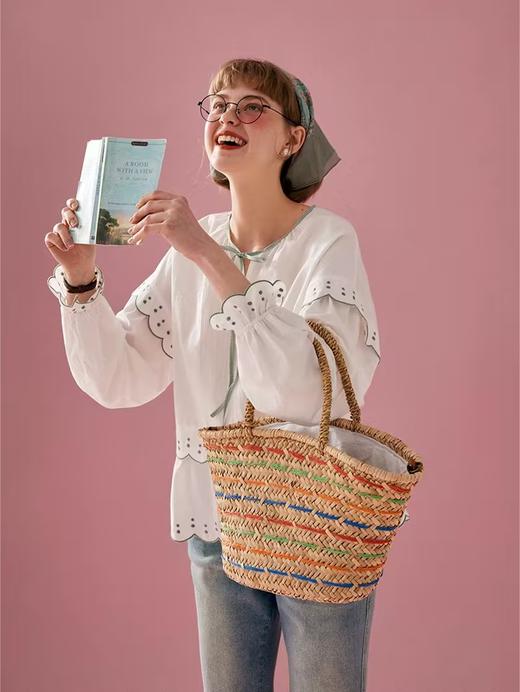 浮生八记/24A019/法式重工定位粉色条纹白色棉撞色刺绣衬衫 商品图3