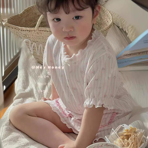 【花边设计，纯色简约好看！】A类花边纯色绵柔家居服套装，女童家居服夏季新款女宝睡衣-lm！ 商品图0