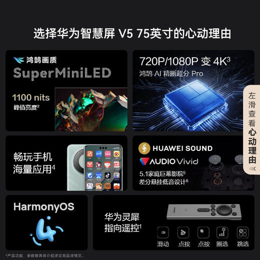 【国补15%】华为电视智慧屏V5 75英寸4K超高清超薄全面屏HD75ARKB MiniLED鸿鹄画质 HarmonyOS 4 超大屏巨幕手机护眼电视机 商品图1