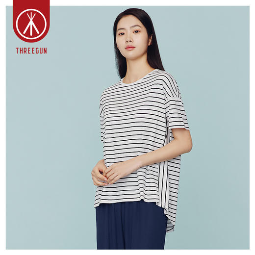 Threegun三枪 【爽滑竹棉】彩条圆领短袖宽松女士T恤上衣打底衫-24118A011 商品图8