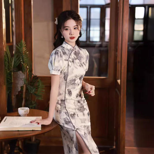 复合蕾丝水墨印花中长款旗袍新中式文艺SJT621 商品图2