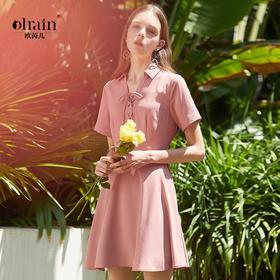 欧芮儿欧芮儿 2019夏装收腰显瘦绑带V领短袖a字连衣裙女中长款